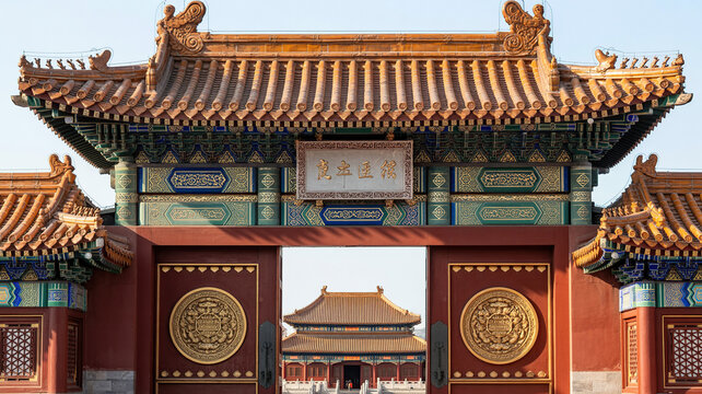 Traditional Chinese palace with green tiled roof and red wooden pillars under blue sky, Chinese palace, tradition alarchitecture,China,Beijing,heritage,culture, ancient,temple,building,imperial,Ai