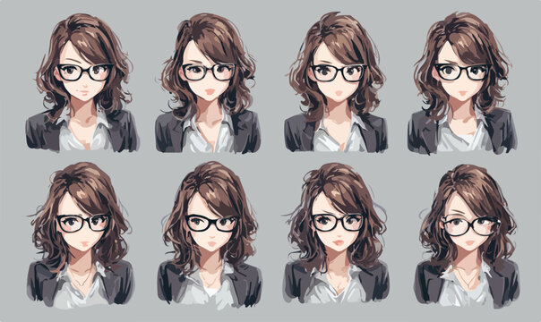 Conjunto de ilustra&ccedil;&otilde;es vetoriais de uma mulher de neg&oacute;cios com diferentes express&otilde;es faciais e penteados.