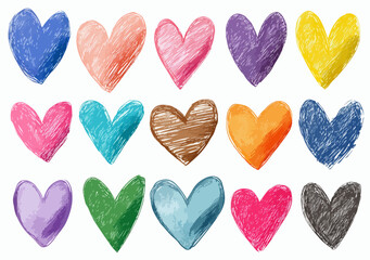 Coleção vibrante de corações desenhados à mão com textura de lápis de cera, representando amor e emoção em diversas cores.