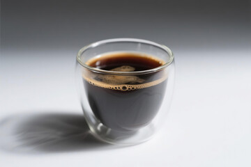 A transparent double-layer glass coffee cup filled with rich dark brown liquid, featuring a dense layer of fine foam on top with tiny bubbles clinging to the inner wall