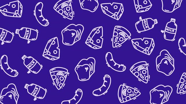 Seamless Pattern of Fast Food Items Including Pizza, Burgers, Hot Dogs, and Drinks on Blue Background, Digital Illustration, Flat Design