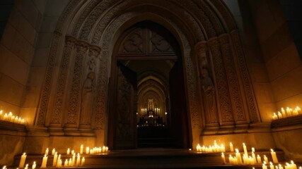 Candlelit archway illuminating a mysterious gothic corridor - Powered by Adobe