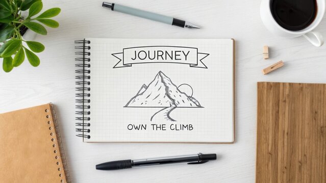 Notebook Sketch Depicting a Mountain Journey and Inspirational Text