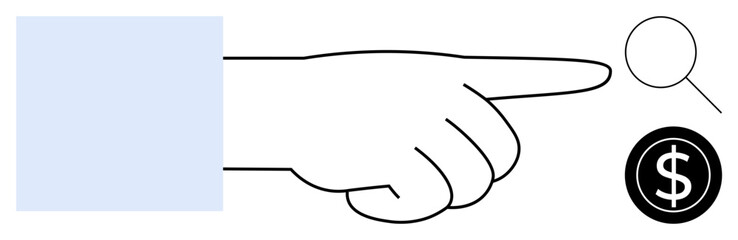 Hand extended, finger pointing toward magnifying glass and dollar sign. Ideal for exploration, finance, market research, investment, decision-making, online search and focus concepts. Simple flat