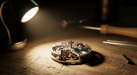 Close-up of a watchmakers workbench with a disassembled watch movement under a focused lamp.