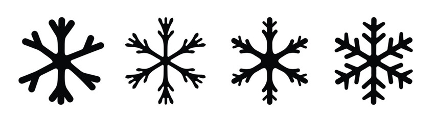 Fototapeta premium Set of four unique black snowflake icons various stylized winter symbols frost design elements for cold weather themes