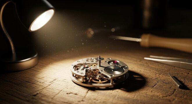 Close-up of a watchmakers workbench with a disassembled watch movement under a focused lamp.