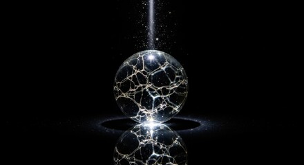 Abstract Glowing Sphere with Cracks and Light Beam on Dark Background.