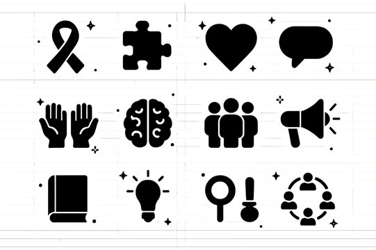 Autism Awareness Icons. Autism Awareness Campaign. Solid icons set of Autism Awareness Campaign: ribbon, puzzle piece, heart, speech bubble, hands, brain,