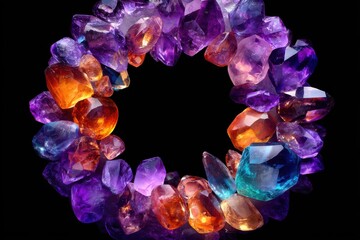 Assorted polished mineral specimens form a brilliant, colorful ring against a dark background