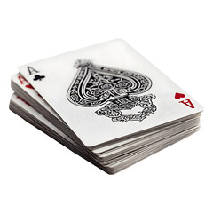 A stack of playing cards featuring the Ace of Spades and Ace of Hearts on a clean white background