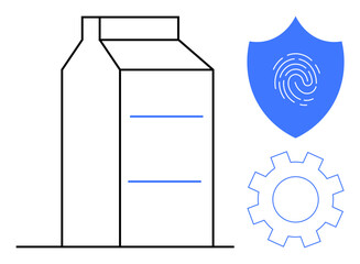 Milk carton with a blue shield featuring a fingerprint and a gear. Ideal for food safety, innovation, technology, security, product protection, industry standards, modern design. Simple flat metaphor
