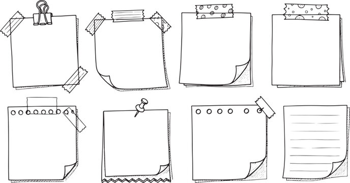 Hand Drawn Sticky Notes and Paper Clips Border Elements vector illustration