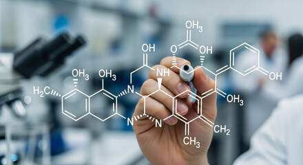 Scientist Drawing Complex Chemical Formula in Laboratory