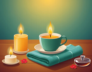 A warm illustration of a spa or wellness setup featuring three lit candles, a teal teacup sitting on a folded towel, and a small jar on a wooden surface.