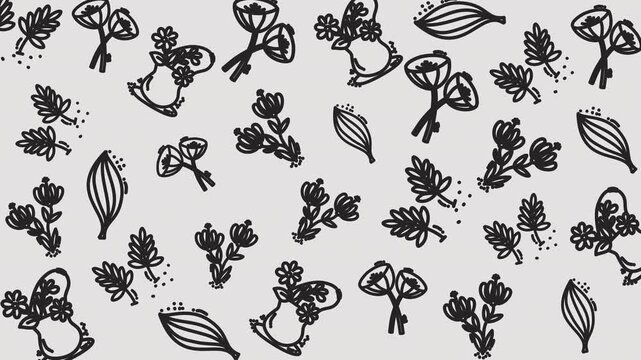Hand-drawn Floral Patterns, Flowers, Leaves, and Berries on White Background, Botanical Graphic Illustration, Seamless Design, Top View
