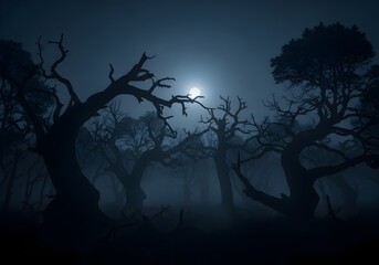 Moonlit Woods: A mystical forest bathed in the ethereal glow of the full moon. Silhouetted trees with gnarled branches rise from the mist, creating an atmosphere of mystery.