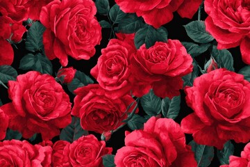 beautiful and vibrant background of large red roses on dark black canvas highlighting intricate petals and green leaves for romantic floral themes