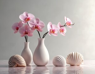 Fototapeta na wymiar Pink orchids arranged in white vases alongside seashells create tranquil still life. Soft light illuminates delicate petals, decor. Modern design emphasizes elegance, serenity. Floral beauty in