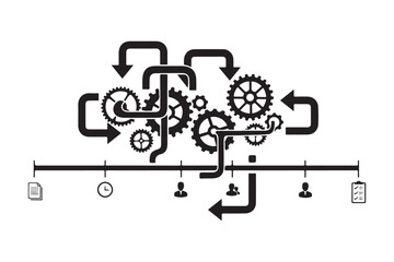 Abstract workflow diagram with interconnected gears, arrows, and timeline concept.