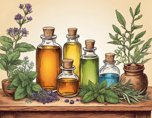 Description: A warm, hand-drawn illustration depicting five cork-topped bottles of various colored essential oils surrounded by fresh green and flowering herbs on a wooden shelf.