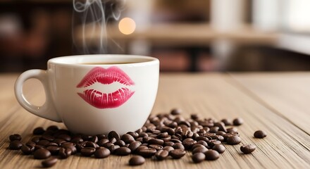 Steaming coffee cup with lipstick kiss mark and coffee beans on wooden table.