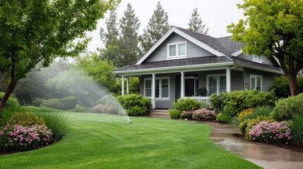 Beautiful home with lush green lawn and sprinkler system in action.