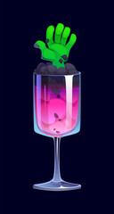 Halloween party cocktail beverage tall glass filled with pink liquid, floating black ice cubes and green zombie hand sticking out. Cartoon vector brew for Halloween party invitation, spooky drink menu