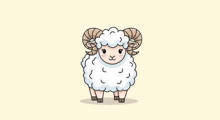 Fototapeta premium Cute Cartoon Ram Illustration with Curly Horns and Fluffy Wool.