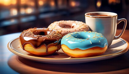 glazed donuts with coffee on plate n ai generative