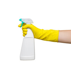 Hand in Yellow Glove Holding White Spray Bottle Isolated on White and Png Transparent Background