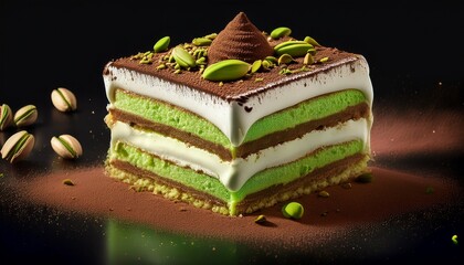 a piece of tiramisu layered with green cake and white cream on top sprinkled with pistachios and chocolate ai generative