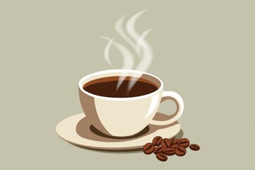 Steaming cup of hot coffee with roasted beans on a saucer