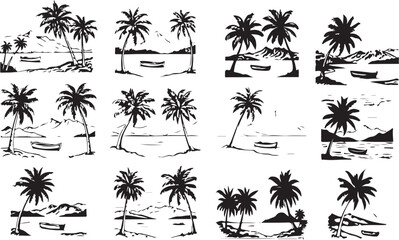 palm trees on the beach engraving outline vector art illustration design, palm tree silhouette, hand drawn beach drawing, line art palm tree, sea, beach, summer view, vintage palm tree on sea beach se