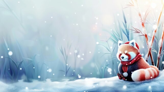 Cute Red Panda Baby Sitting in Snowy Winter Forest Scene with Soft Light and Snowfall