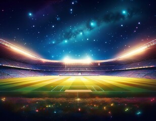 vibrant night scene at a stadium with bright lights illuminating the empty field under a starry sky