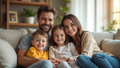 Obraz premium Cheerful family sits together on sofa in living room. Parents hug happy children. Mother father kids smile posing at home. Concept of kinship and carefree childhood. Sincere relations between people.