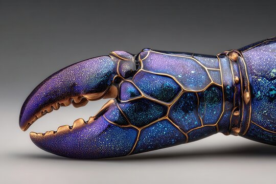 Ornate, jewel-toned crustacean claw sculpture exhibits intricate golden filigree detail