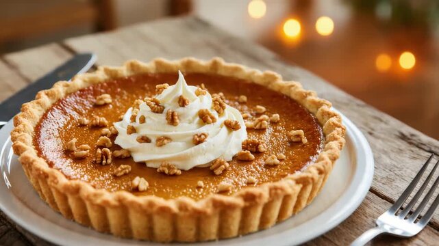 Golden pumpkin pie topped with a swirl of whipped cream and sprinkled walnuts, served on a plate over rustic wood. Autumn and holiday dessert. Cozy and sweet.