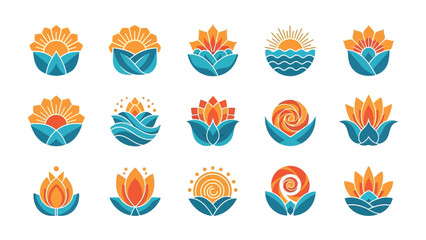 Floral design concept: a collection of abstract floral designs. A collection of intricate illustrations of flowers, sun, and water, each one unique in style and character.