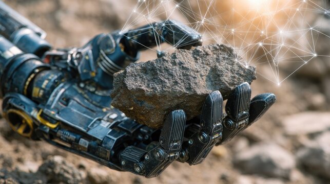 Robotic hand holding rock in mining environment