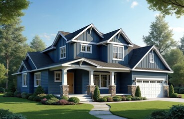 Modern Craftsman style home with dark blue siding, stone pillars, white trim. Covered porch, garage, green lawn, manicured landscaping. New residential building design for family living. Inviting