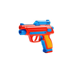 A vibrant, plastic toy pistol in bright red, blue, and yellow colors