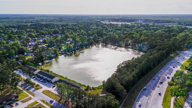 Aerial landscape of Richmond Hill residential area sunny summer day in Bryan County Georgia