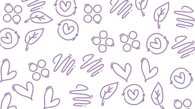 Hand-drawn abstract doodles of hearts, leaves, and circles on white background, seamless pattern, graphic design, creative art, top view