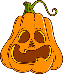 Groovy Halloween pumpkin character with funny face, bright eyes and big teeth. Funky orange squash with smooth orange curves and green stem. Scary vector jack o lantern pumpkin personage