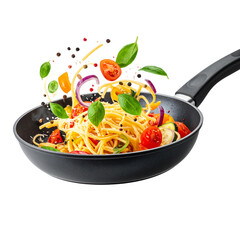 Cooking Italian pasta with vegetables flying over a hot frying pan isolated in white transparent background png