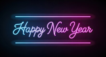 Happy new year neon sign with pink and blue glowing lights no logo use