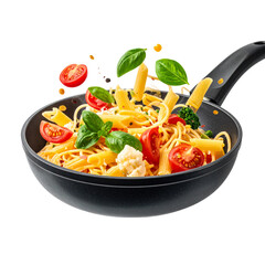 Cooking Italian pasta with vegetables flying over a hot frying pan isolated in white transparent background png 