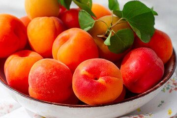 Fresh apricots in a bowl, on a bright table, natural light, top view, no people,